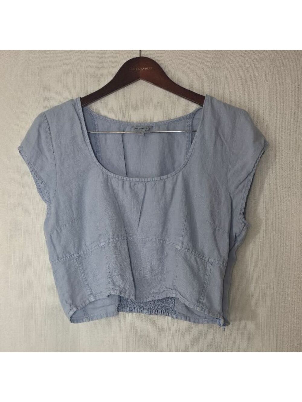 Guess Light Blue 100% Linen Cropped Blouse Square Neck Short Sleeve XL
